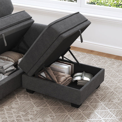 Capri Sleeper Sectional Sofa- 4 Seater Convertible Sofa Bed with Storage Seat for Living Room and Home Office, Dark Grey - Uber Decor