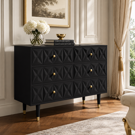 Sierra Luxe 6-Drawer Mid-Century Modern Geometric Cabinet with Tapered Legs for Bedroom, Living Room & Entryway