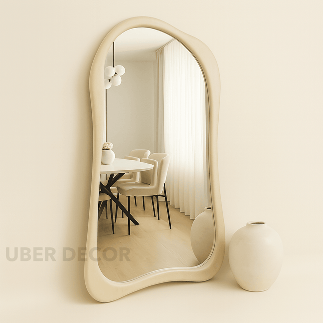 Claribel Wavy Ivory Teak Floor Mirror – Sculptural Full-Length Statement Piece
