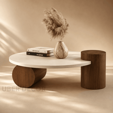 Chenab Wabi-Sabi River Japandi Round Coffee Table – Minimalist Natural Wood Center Table for Living Room