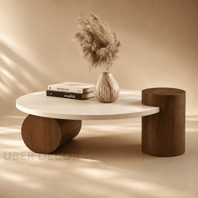 Chenab Wabi-Sabi River Japandi Round Coffee Table – Minimalist Natural Wood Center Table for Living Room