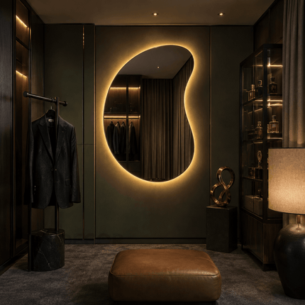 Solis Sculptural LED Wall Mirror in Frameless Design with Front or Back Lit for Vanity Bedroom and Modern Interiors