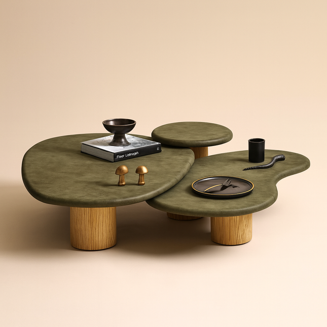 Kama Multi Tier Functional Mid Century Modern Japandi Coffee Table Scandinavian Organic Freeform Top Natural Wood Cylindrical Legs Matte Finish Center Table for Living Room