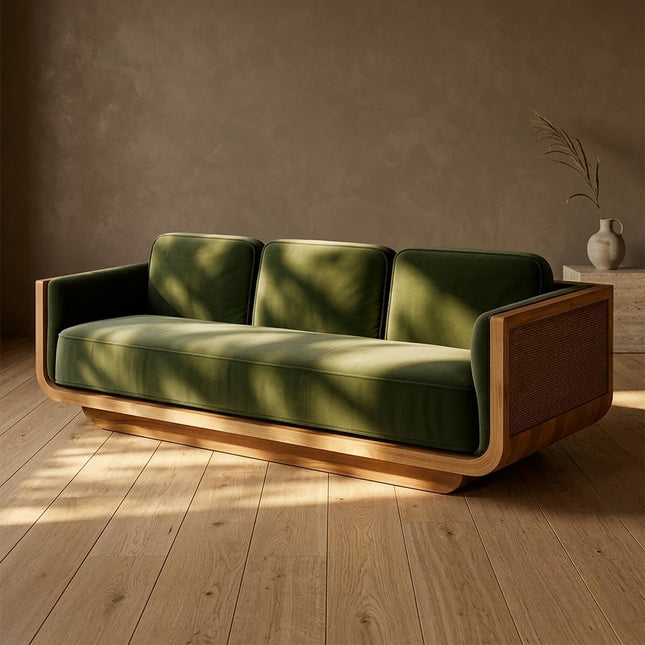 Hanoi Modern 3-Seater Wooden Sofa Luxury Couch with Woven Side Panels for Living Room