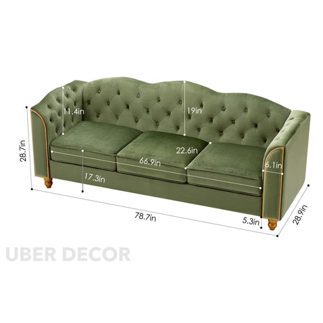 Madrid 78" Sofa -3 Seater Modern Large Upholstered Couch with Tufted Button Curved Back Rest & Golden Wood Legs - Uber Decor