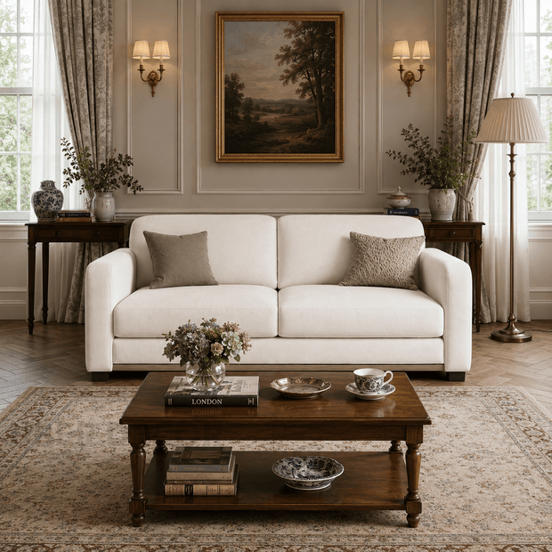 Akita pull-out sofa cum bed – lifestyle view in Japandi minimalist living room India
