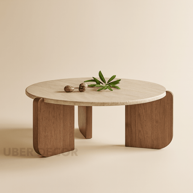 Purus Functional Mid Century Modern Japandi Coffee Table Scandinavian Round Wooden Top and Wooden Base Natural Polish Center Table for Living Room