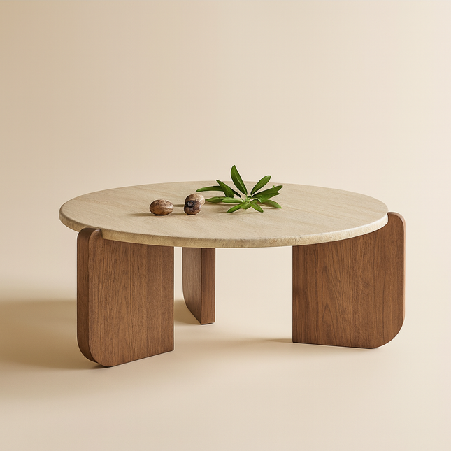 Purus Functional Mid Century Modern Japandi Coffee Table Scandinavian Round Stone Top Wooden Base Natural Polish Center Table for Living Room