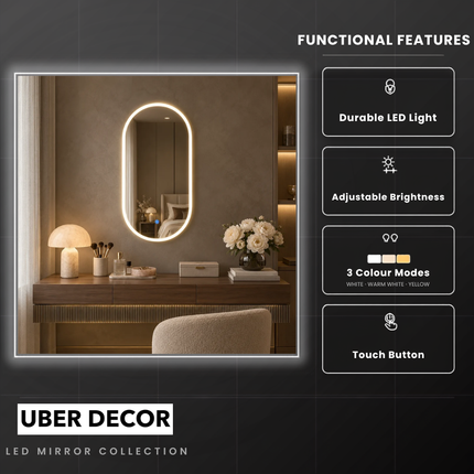 Liva Frameless LED Mirror with Front or Back Light and 3-Colour Touch Sensor For Bathroom or Vanity