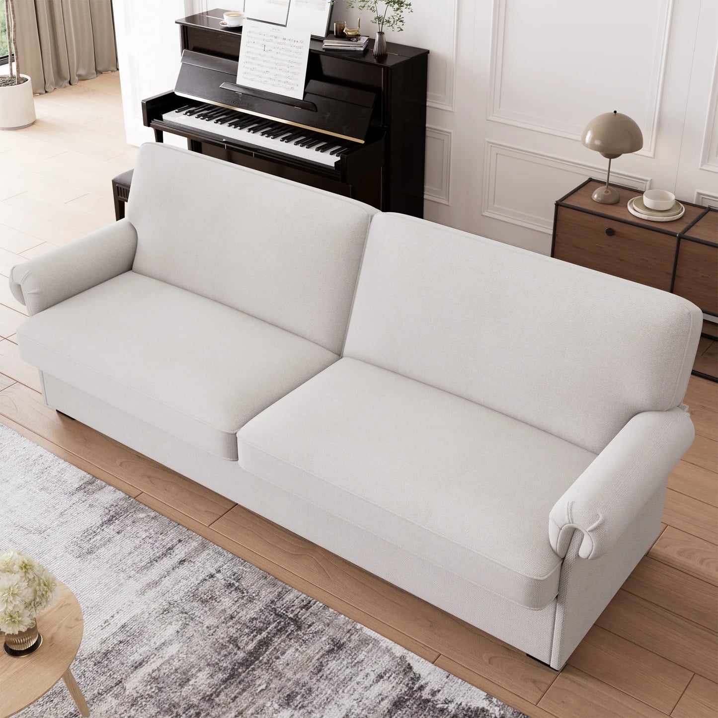 Santorini 71" Sofa- 3 Seater Linen Fabric Sofa with Upholstered Couch with Removable Cushion & Scrolled Armrest