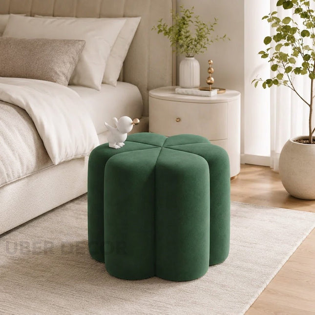 Flora Green Suede Velvet Ottoman Stool – Ready to Ship Flower Shaped Pouf for Living Room