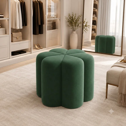 Flora Green Suede Velvet Ottoman Stool – Ready to Ship Flower Shaped Pouf for Living Room