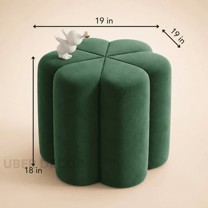 Flora Green Suede Velvet Ottoman Stool – Ready to Ship Flower Shaped Pouf for Living Room