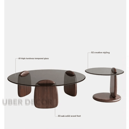Ganges Prism Mid-Century Modern Round Glass Coffee Table – Tempered Glass Top with Oak Wood Legs, High-Temperature Resistant, Easy to Clean – Ideal for Office, Cafe, and Home Settings