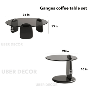 Ganges Prism Mid Century Modern Round Glass Coffee Table with Tempered Glass Top and Oak Wood Legs for Home Office and Cafe - Uber Decor