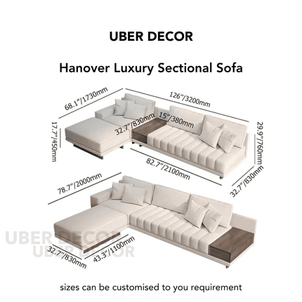 Hanover Luxury Modern Sectional Sofa with Chaise Lounge and Wooden Storage Platform Customisable Designer Sofa for Living Room