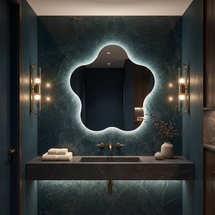 Petunia Floral LED Wall Mirror with Frameless Wall Hanging Front or Back Lit for Bathroom Vanity and Modern Interiors
