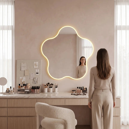 Petunia Floral LED Wall Mirror with Frameless Wall Hanging Front or Back Lit for Bathroom Vanity and Modern Interiors