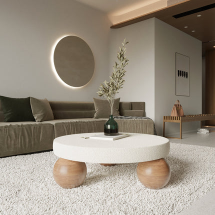 Salween Mid Century Modern Japandi Coffee Table Scandinavian Round Center Table with Sculptural Sphere Legs Custom Made to Order for Living Room