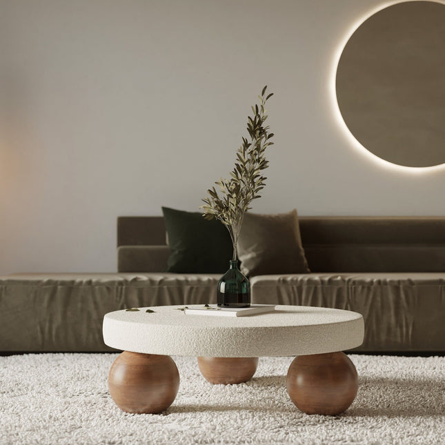 Salween Mid Century Modern Japandi Coffee Table Scandinavian Round Center Table with Sculptural Sphere Legs Custom Made to Order for Living Room