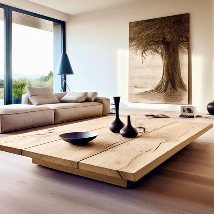 Delaware Coffee Table, Rustic Modern Scandinavian Japandi Wooden Plank Low Profile Center Table for Living Room