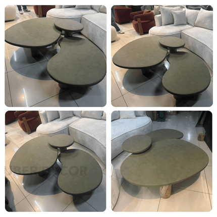 Kama Multi Tier Mid Century Modern Japandi Coffee Table with Organic Faux Leather Top Solid Wood Cylindrical Legs for Living Room