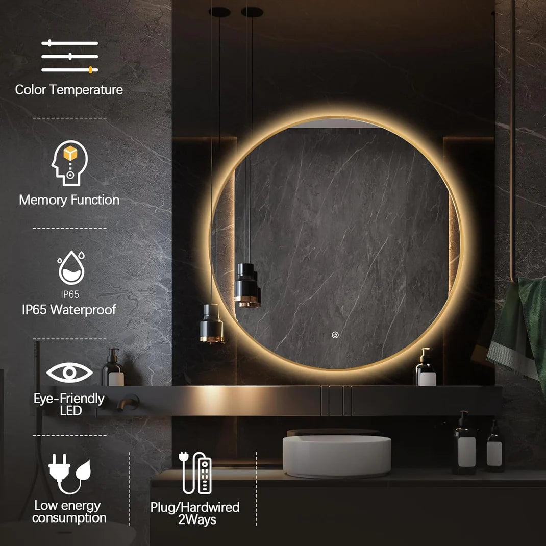 Sunburst Round  Mirror with LED Lights- Touch Sensor Mirror for Bathroom and Bedroom