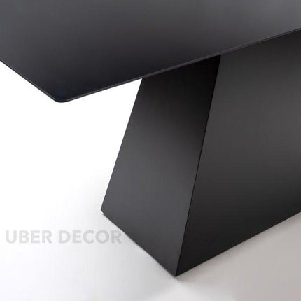 Obsidian Axis Rectangular Dining Table Contemporary Architectural Design Toughened Black Glass Top Wooden Base for Dining Room