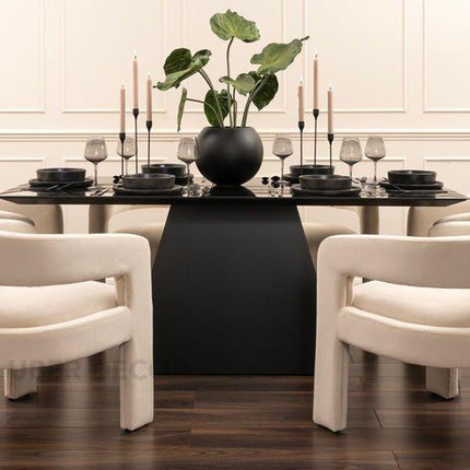 Obsidian Axis Rectangular Dining Table Contemporary Architectural Design Toughened Black Glass Top Wooden Base for Dining Room