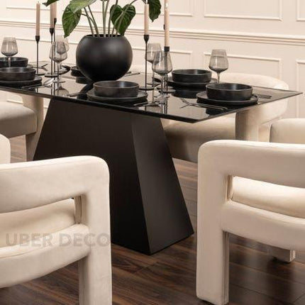 Obsidian Axis Rectangular Dining Table Contemporary Architectural Design Toughened Black Glass Top Wooden Base for Dining Room
