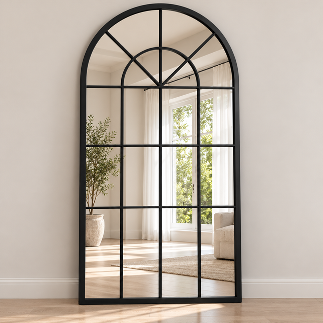 French Arch Oversized Window Style Mirror - Full-Length Arched Metal Frame Mirror on light beige background