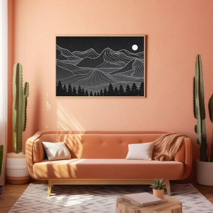 Mountain Range Black and White Line Art Wall Art