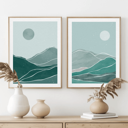 Bluish Hues Sun and Moon Sky Wall Art- Set of 2