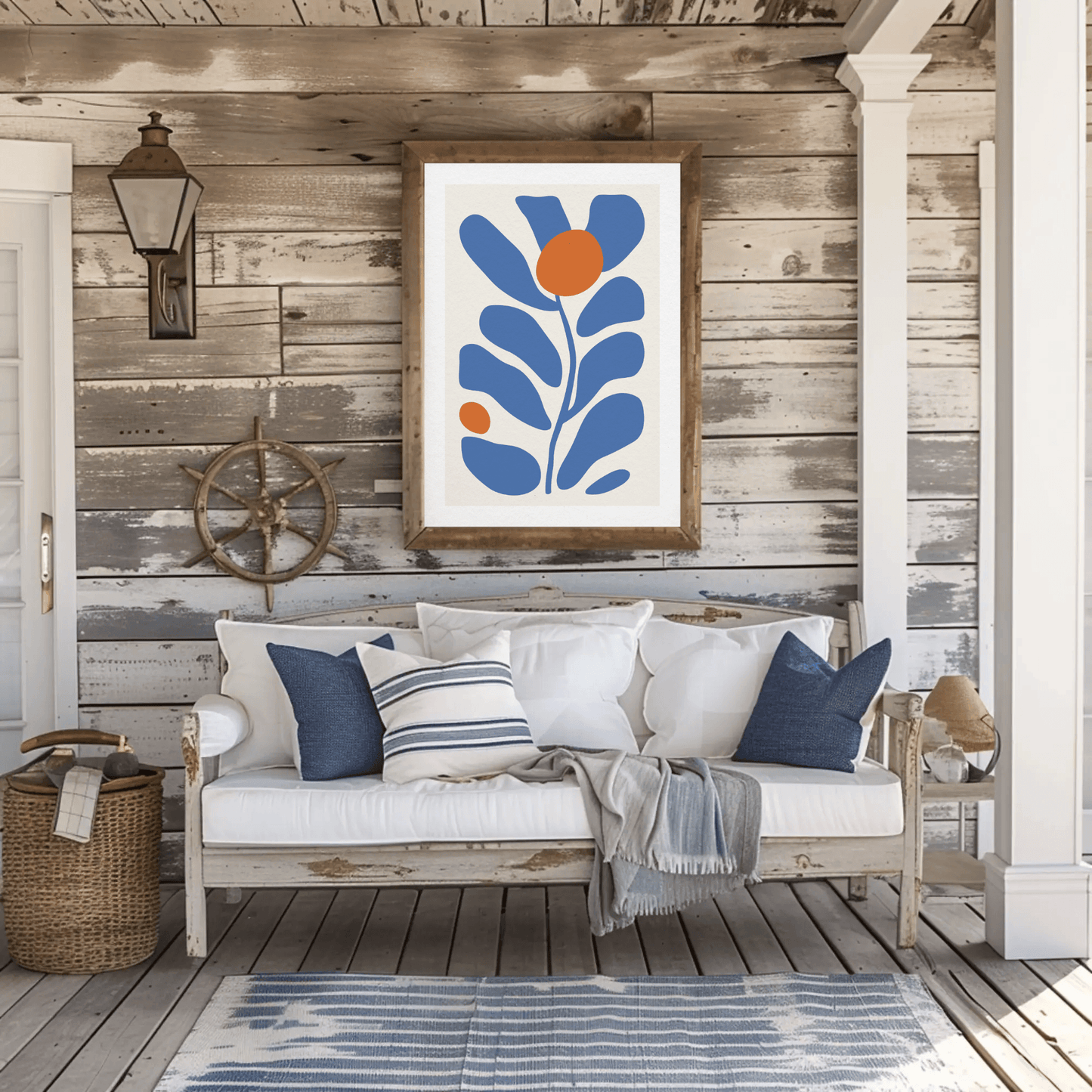 Simplistic Blue Leaf Contour Wall Art