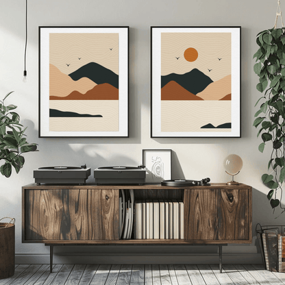 Serene Mountain River Sunrise Wall Art- Set of 2