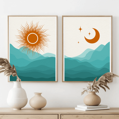 Beaming Sun and Moon Rise Landscape Wall Art- Set of 2