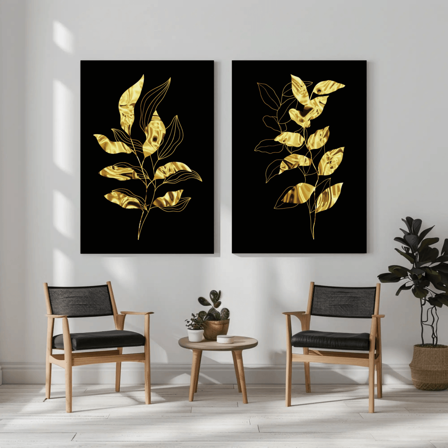 Black and Metallic Gold Foliage Minimalist Wall Decor- Set of 2