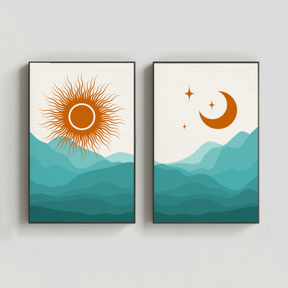 Beaming Sun and Moon Rise Landscape Wall Art- Set of 2