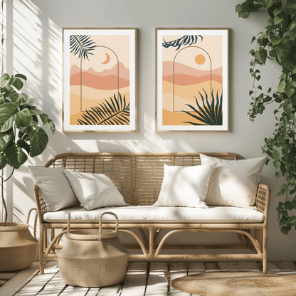 Sun and Moon Beach Warm Scene Wall Art- Set of 2