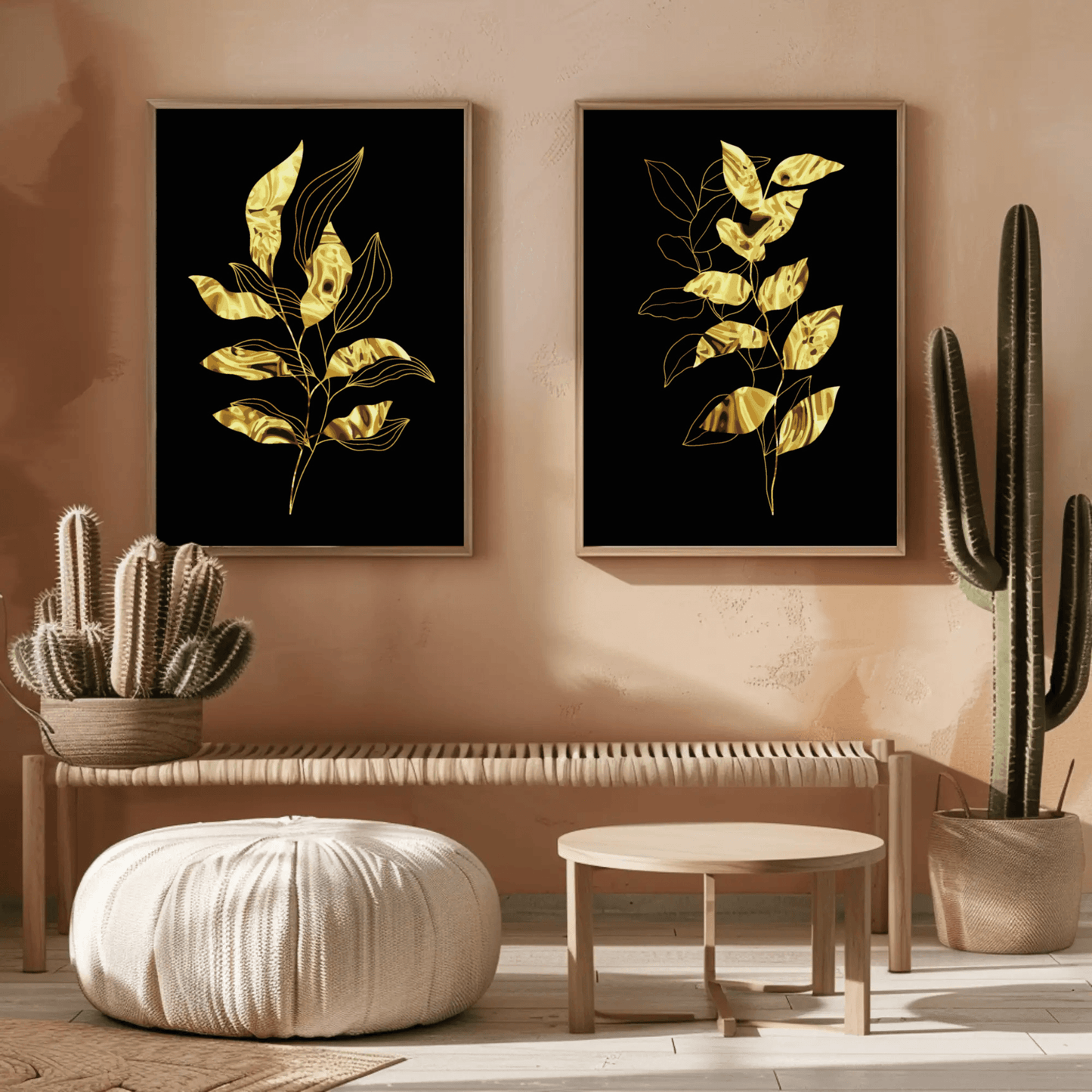 Black and Metallic Gold Foliage Minimalist Wall Decor- Set of 2