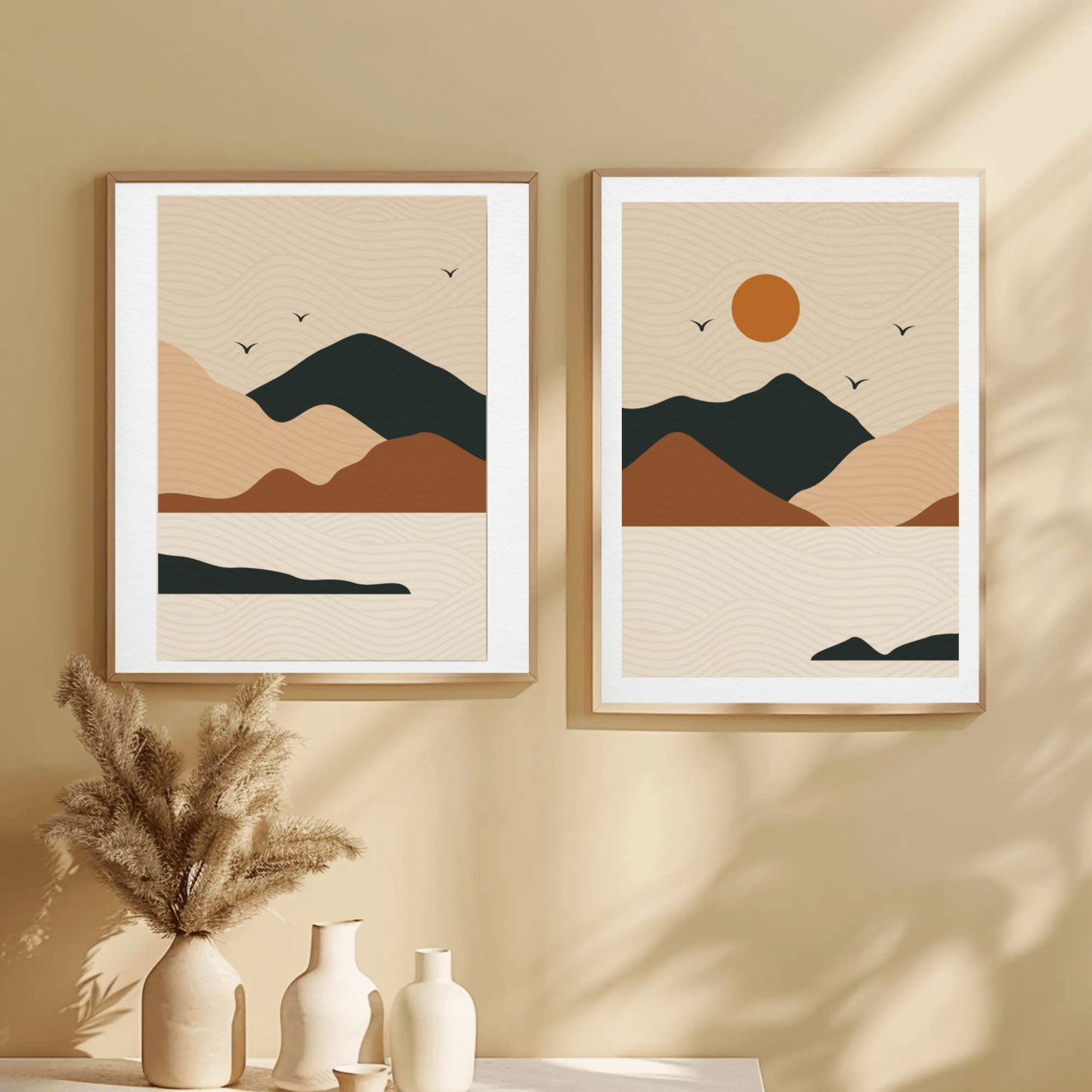 Serene Mountain River Sunrise Wall Art- Set of 2