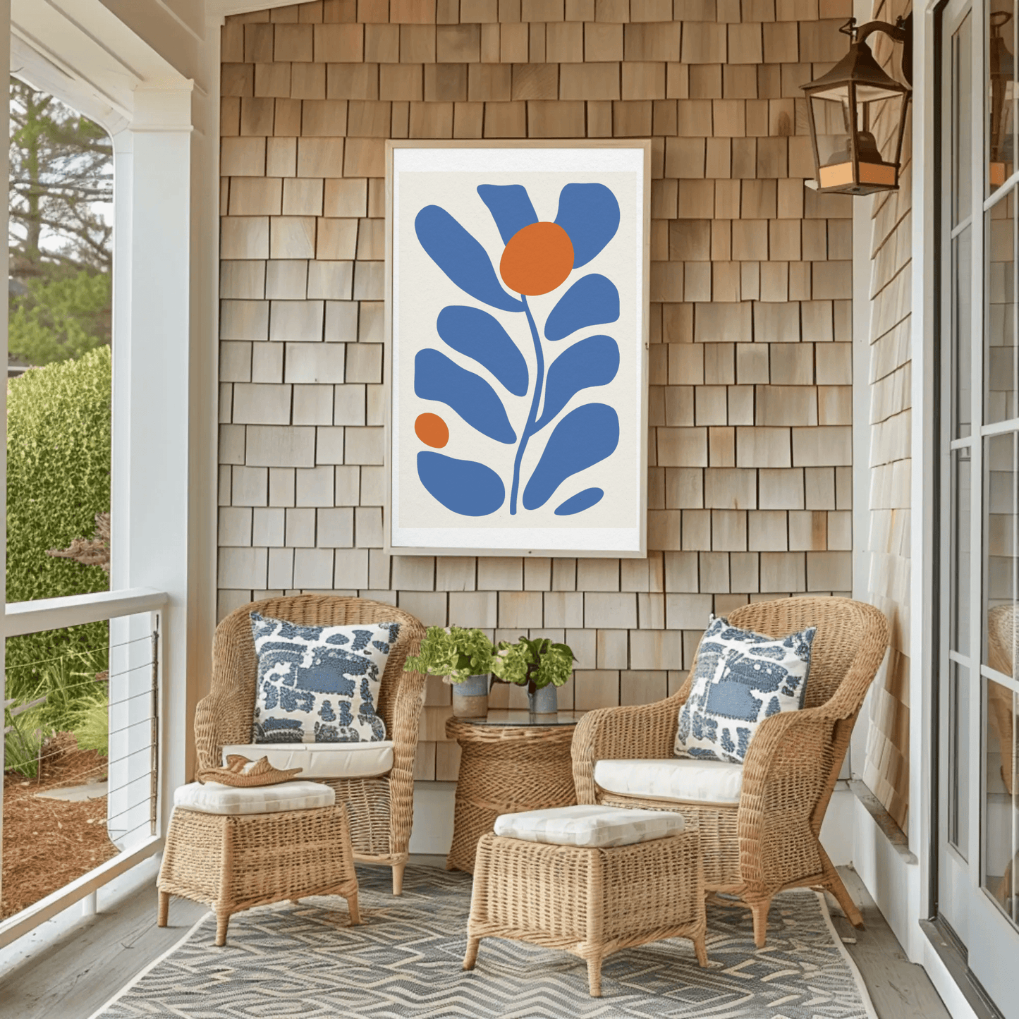 Simplistic Blue Leaf Contour Wall Art