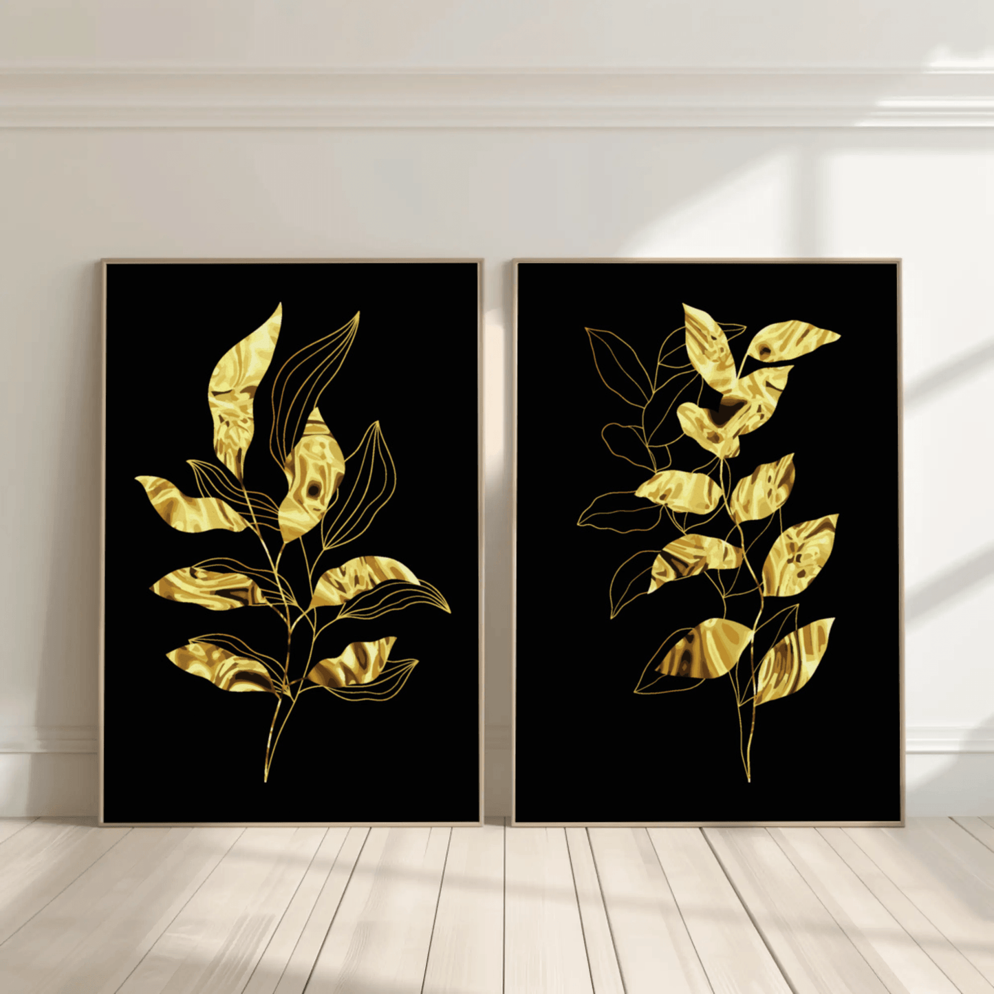 Black and Metallic Gold Foliage Minimalist Wall Decor- Set of 2