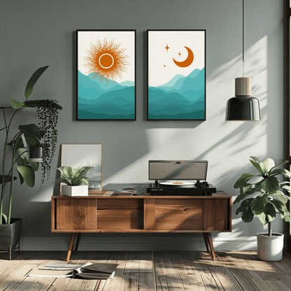 Beaming Sun and Moon Rise Landscape Wall Art- Set of 2