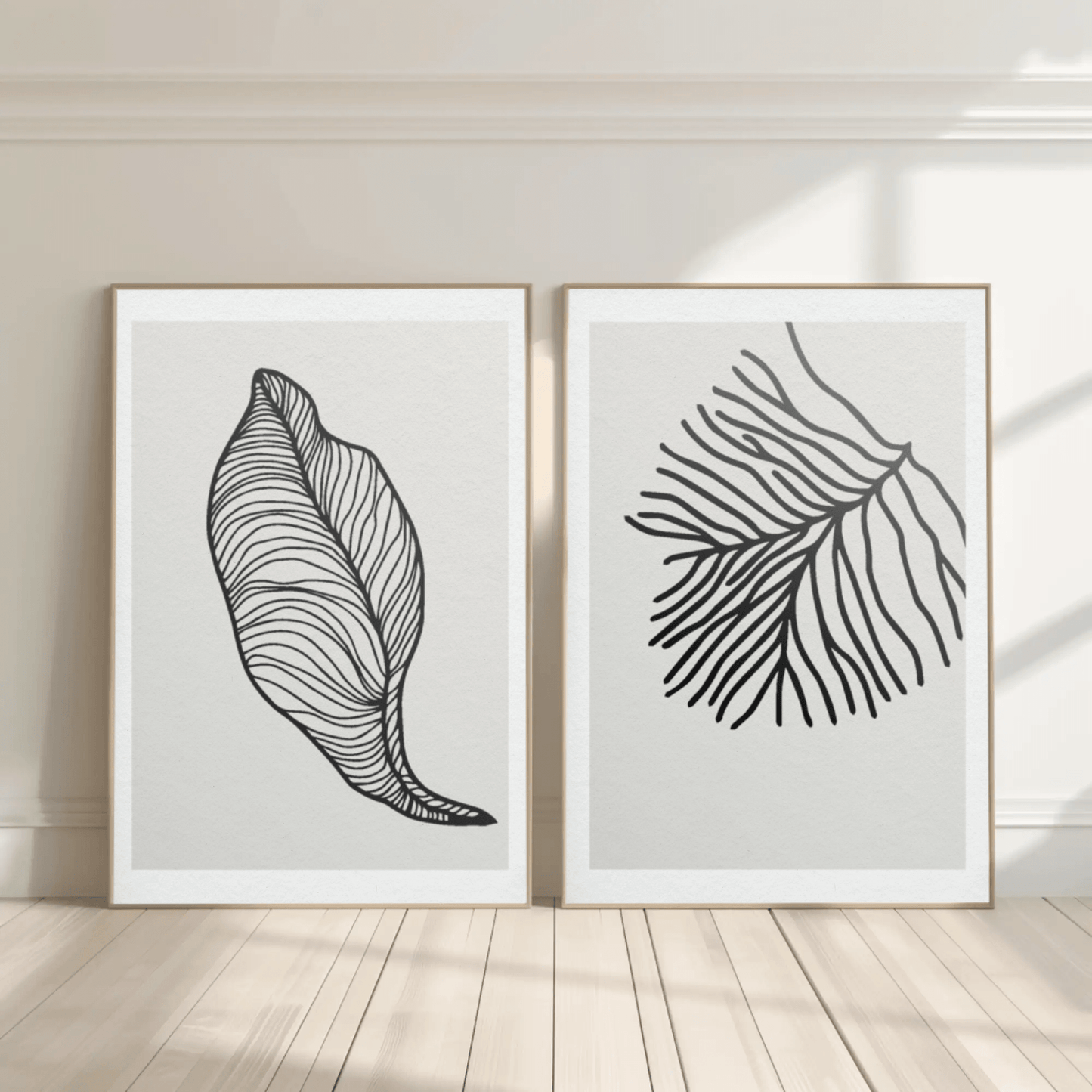 Zen Blossoms Minimalistic Leaf Wall Art- Set of 2