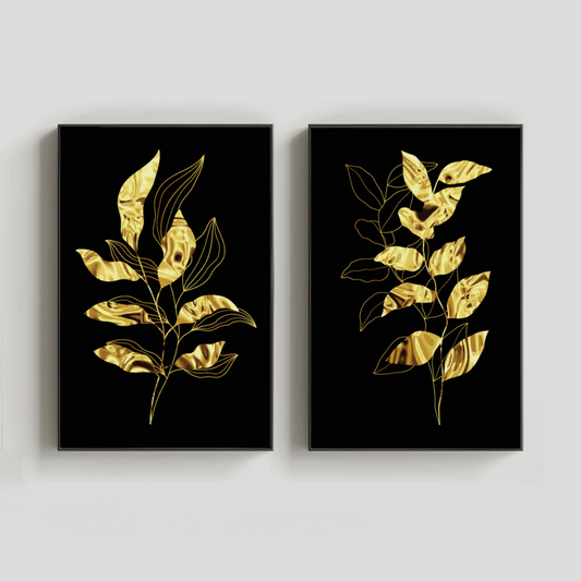 Black and Metallic Gold Foliage Minimalist Wall Decor- Set of 2