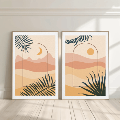 Sun and Moon Beach Warm Scene Wall Art- Set of 2