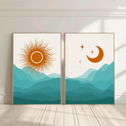 Beaming Sun and Moon Rise Landscape Wall Art- Set of 2