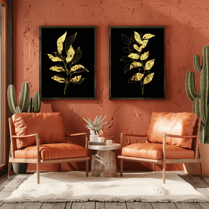 Black and Metallic Gold Foliage Minimalist Wall Decor- Set of 2