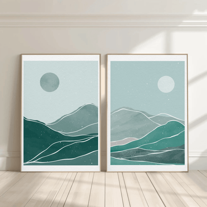 Bluish Hues Sun and Moon Sky Wall Art- Set of 2